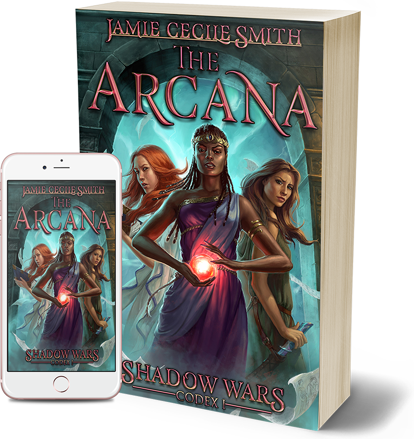 mockup of paperback, and a cellphone editions of the cover of The Arcana