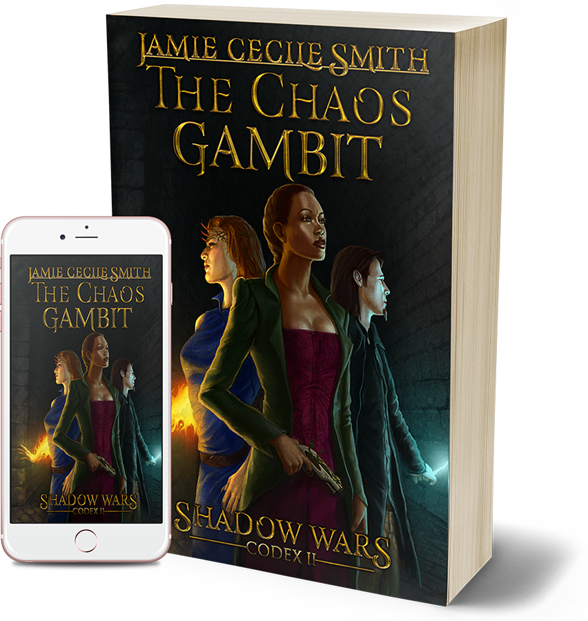 mockup of paperback, and a cellphone editions of the cover of The Chaos Gambit